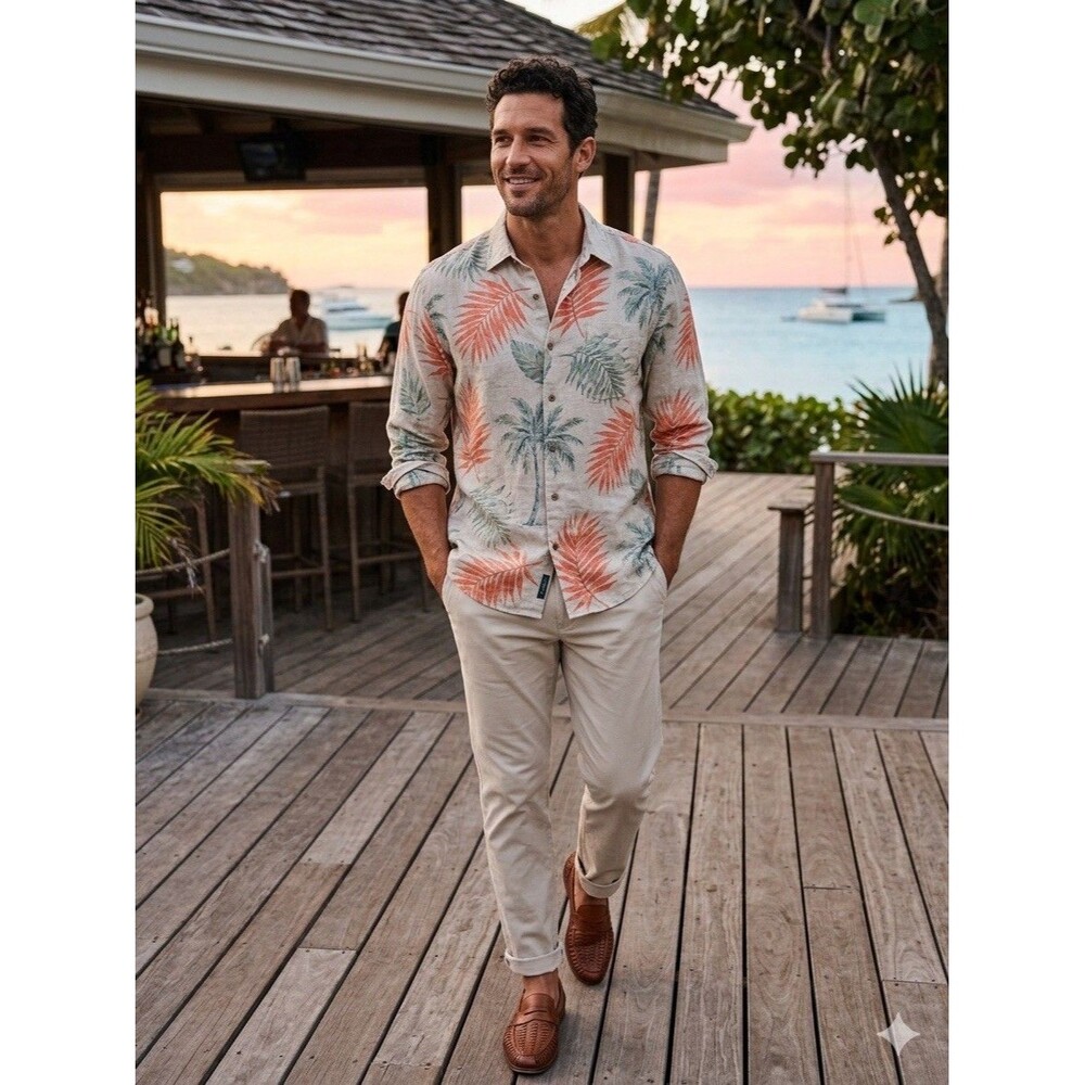 Vintage Tropical Linen Shirt Mens Large Long Sleeve Floral Palm Print Beach Surf